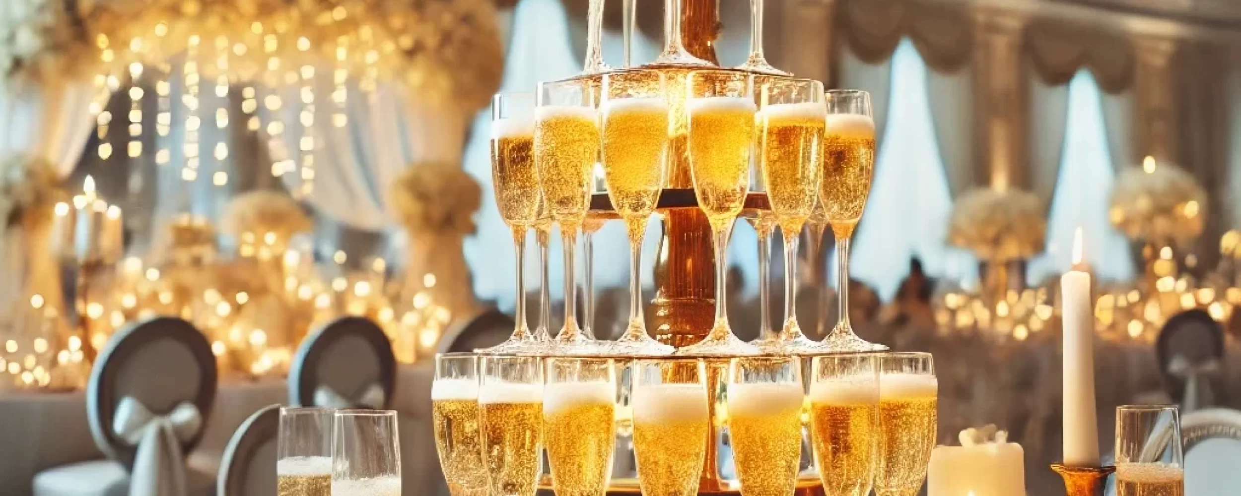 DALL·E 2025-02-06 18.45.26 - A luxurious champagne tower at an elegant wedding reception. The golden bubbly champagne overflows from the top glass, cascading down to the lower tie